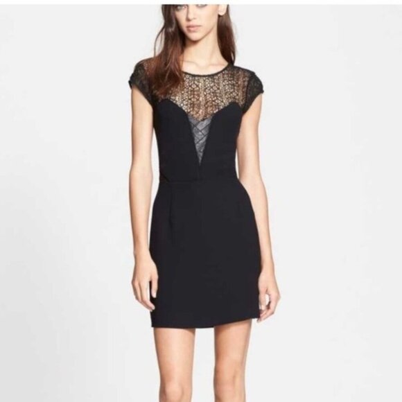 The Kooples Robe Lace & Leather Mini Dress Crepe Cap sleeve Black Size XS - Picture 1 of 16